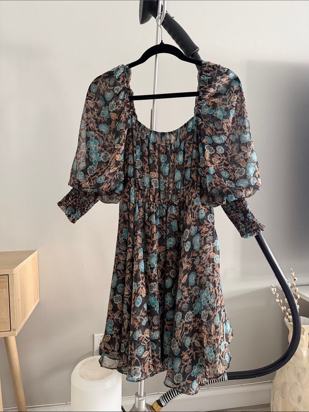 Misa Los Angeles Teal & Brown Floral Puff-Sleeve Smocked Mini Dress